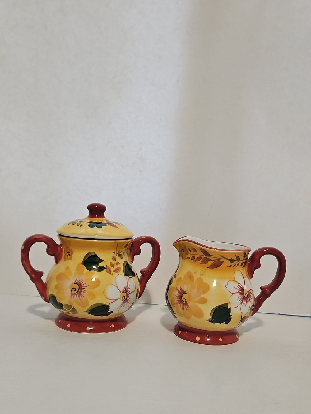 Hand-Painted Floral Sugar Bowl & Creamer Set in Yellow and Red